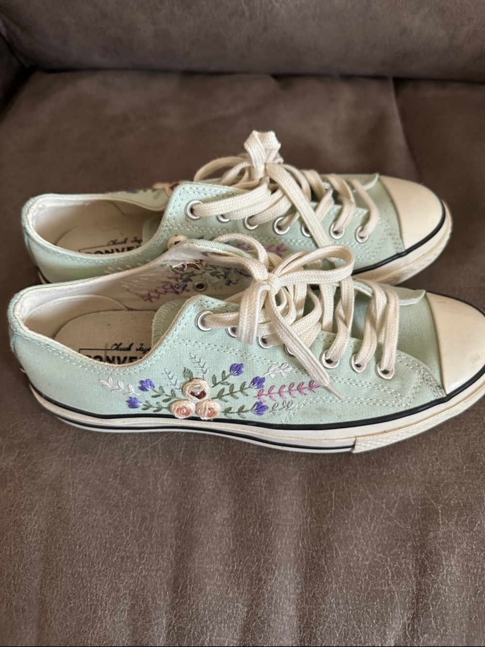 Converse Low Top Sneakers in Mint Green with Embroidered Floral Accents